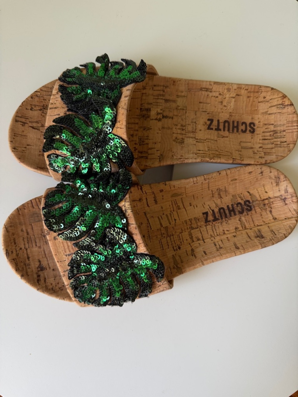 Schutz Thayna Sequin Palm Slides glitter palm print cork-textured vamp strap 5.5